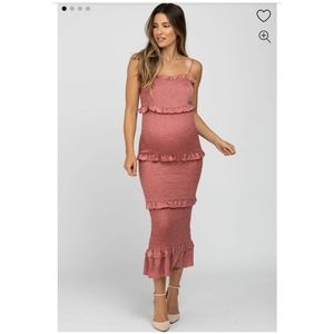 Maternity Mauve Satin Smocked Fitted Midi Dress